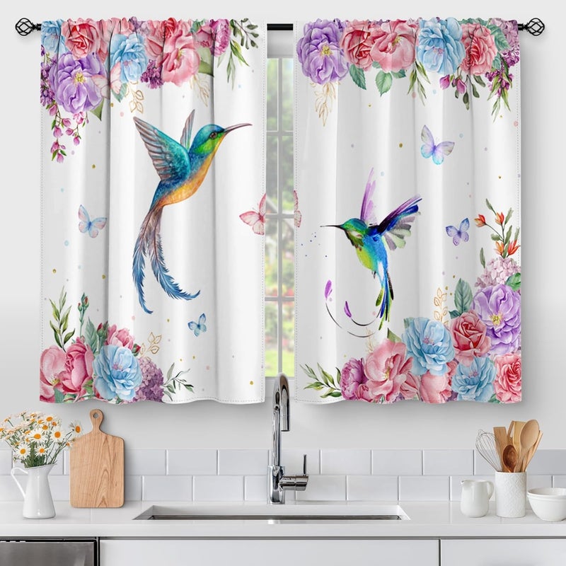 Aimego Floral Hummingbird Vintage Kitchen Curtains - Colourful Flower Cafe Farmhouse Small Short Tier Window Curtains for Living Dining Room Decor Rod Pocket Window Drapes 36 Inch Length Set 28"x36" - Image 1
